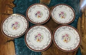 Six Vintage Stetson Warranted 22K Gold Maroon Border Gold Filigree 6in Plates